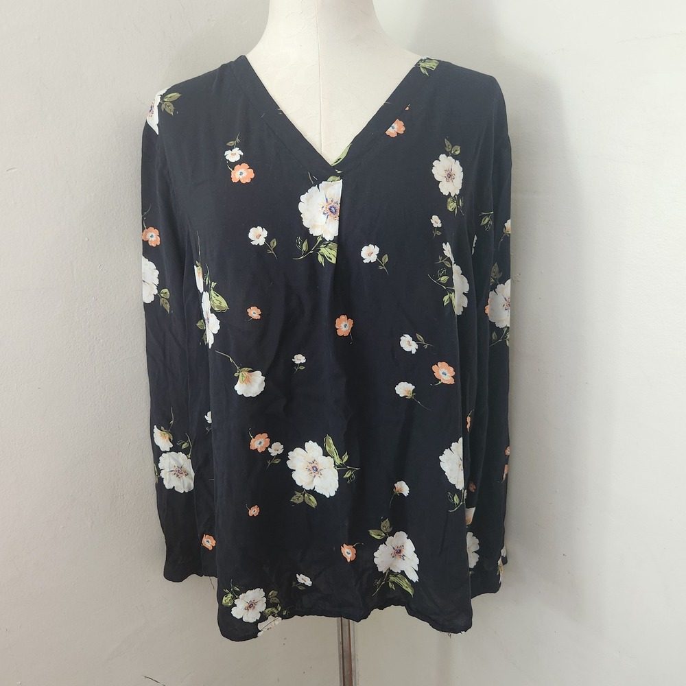 Brina & Em Womens‎ XXL Black Floral V-Neck Long Sleeve Rayon Blouse